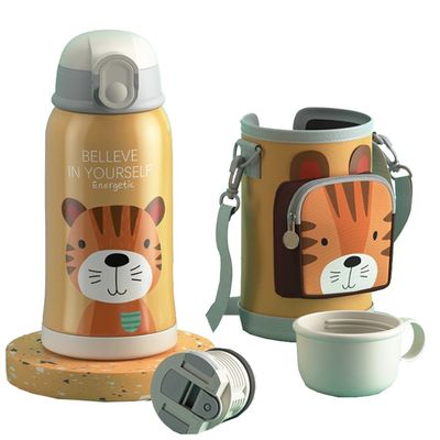 Termo portatile in acciaio inossidabile da 550 ml con manica da tazza e disegno di fumetti con paglia
