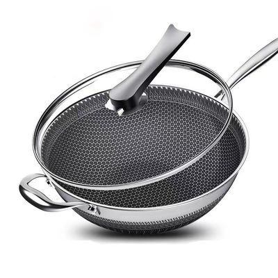 Copertura di vetro Fritura Pentola utensili da cucina Panna Materiale metallico Honeycomb Wok Una maniglia
