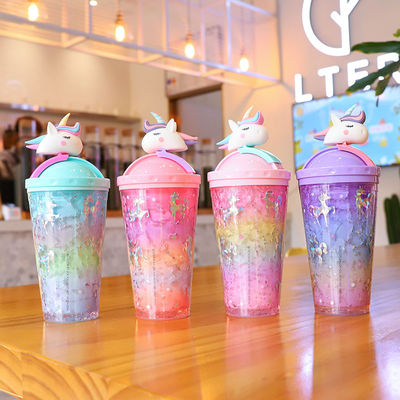 14OZ Moderna bottiglia d'acqua isolante a doppia parete di plastica Unicorn con coperchio e paglia