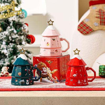 Sostenibile Osso Ceramica Mug Gift Box Set Con Capo Cucchiaio Creativo Disegno Albero di Natale