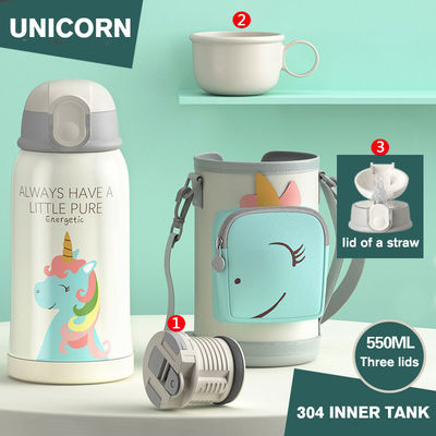 Termo portatile in acciaio inossidabile da 550 ml con manica da tazza e disegno di fumetti con paglia