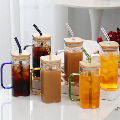 Morden Luxury Quadrato Forma Bambini Bicchiere Bevande Succo Tazza Latte Con Maniglia Di Colore Copertura Di Bambù Paglia Di Vetro