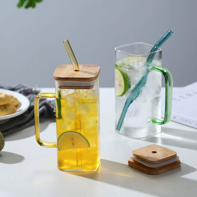 Morden Luxury Quadrato Forma Bambini Bicchiere Bevande Succo Tazza Latte Con Maniglia Di Colore Copertura Di Bambù Paglia Di Vetro