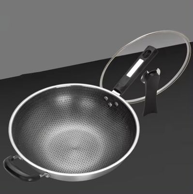 32cm 34cm Wok Pot antiaderente con coperchio di vetro in acciaio inossidabile antibatterico 304