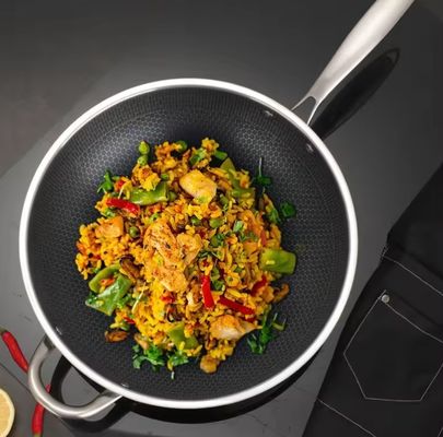 32cm 34cm Wok Pot antiaderente con coperchio di vetro in acciaio inossidabile antibatterico 304