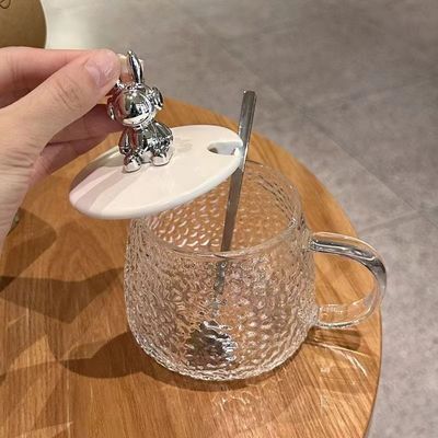 Coppa da colazione con maniglia e coperchio Coppa da caffè in vetro trasparente 12,5*13*8cm