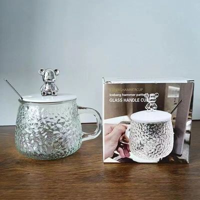 Coppa da colazione con maniglia e coperchio Coppa da caffè in vetro trasparente 12,5*13*8cm