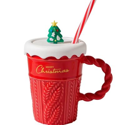 400 ml di capacità Tazza in ceramica per albero di Natale con coperchio e paglia di materiale sostenibile
