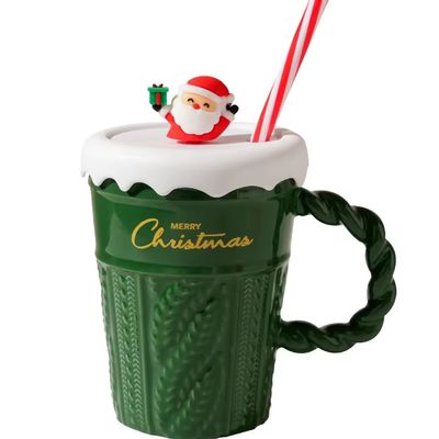 400 ml di capacità Tazza in ceramica per albero di Natale con coperchio e paglia di materiale sostenibile