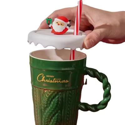 400 ml di capacità Tazza in ceramica per albero di Natale con coperchio e paglia di materiale sostenibile