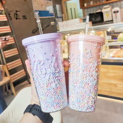 Creativo gelato a doppia parete Tazze di plastica da 550 ml con paglia colore personalizzato per unisex