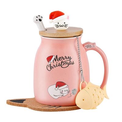 Tazza da caffè in ceramica portatile a prova di perdite con disegno 3D del gattino e cucchiaio in acciaio inossidabile