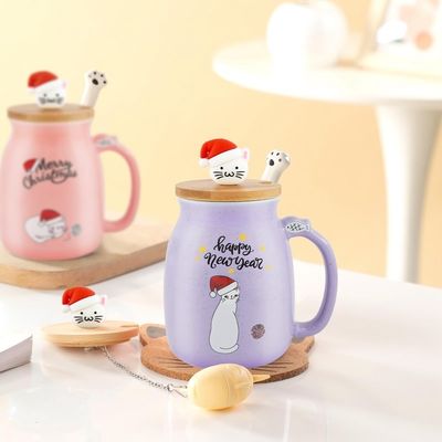 Tazza da caffè in ceramica portatile a prova di perdite con disegno 3D del gattino e cucchiaio in acciaio inossidabile