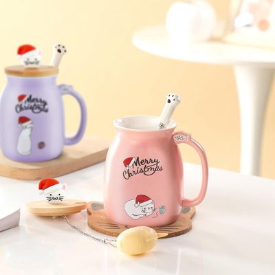 Cute Style 380ml Portable Ceramic Coffee Cup con disegno 3D Little Cat e coperchio in bambù
