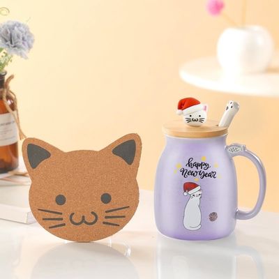 Cute Style 380ml Portable Ceramic Coffee Cup con disegno 3D Little Cat e coperchio in bambù