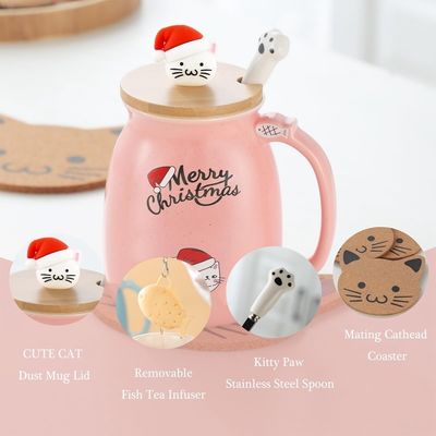 Cute Style 380ml Portable Ceramic Coffee Cup con disegno 3D Little Cat e coperchio in bambù