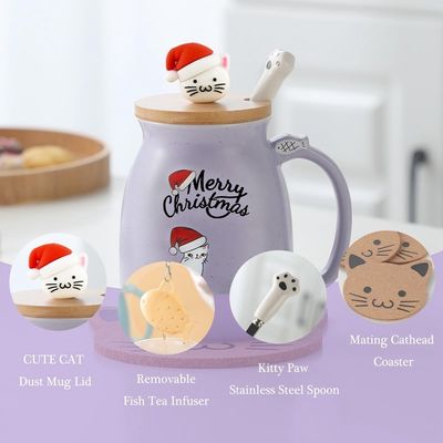 Cute Style 380ml Portable Ceramic Coffee Cup con disegno 3D Little Cat e coperchio in bambù