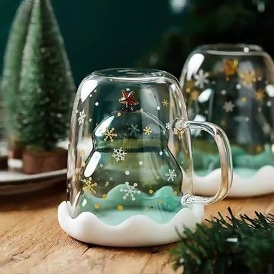 300 ml di regalo di Natale Tazza di vetro a doppio muro con coperchio e resistenza alle alte temperature