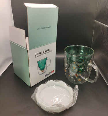 300 ml di regalo di Natale Tazza di vetro a doppio muro con coperchio e resistenza alle alte temperature