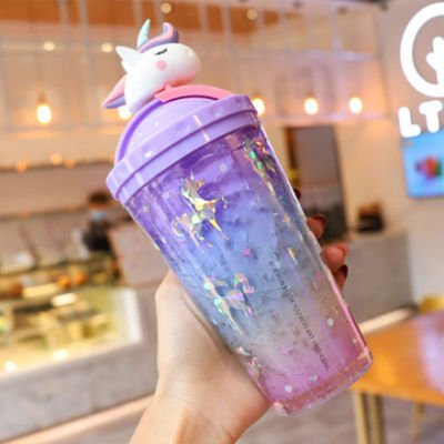 14OZ Moderna bottiglia d'acqua isolante a doppia parete di plastica Unicorn con coperchio e paglia