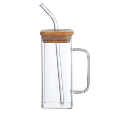Bottiglia d'acqua potabile in bicchiere di vetro personalizzata da 350 ml con coperchio a grano di legno e forma quadrata