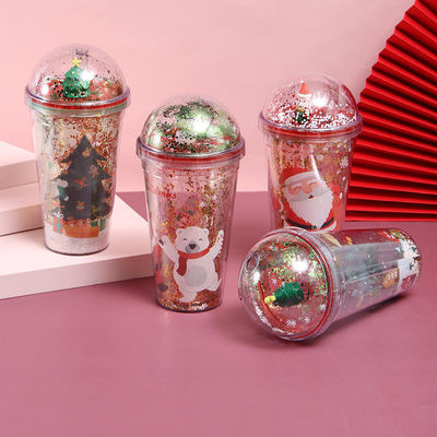 1 pezzo 500ml Logo personalizzato Flash Coppa a doppia parete a prova di perdite Bottiglia di plastica riutilizzabile di Natale con coperchio e paglia