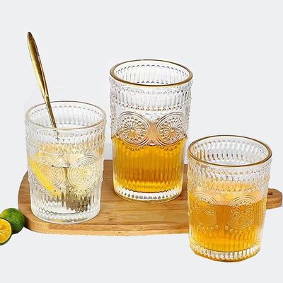 Tazza d'acqua in vetro trasparente a bordo oro a girasole 300ML/380ML Straight Retro Embossed Mug