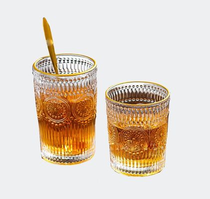 Tazza d'acqua in vetro trasparente a bordo oro a girasole 300ML/380ML Straight Retro Embossed Mug