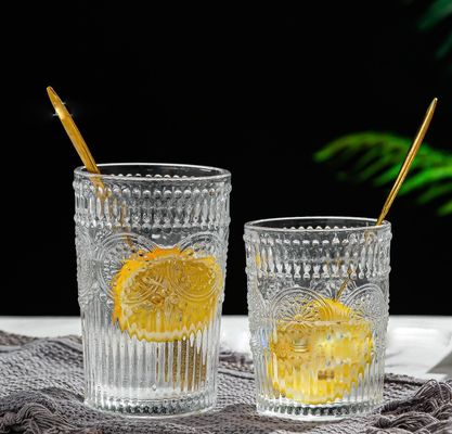Tazza d'acqua in vetro trasparente a bordo oro a girasole 300ML/380ML Straight Retro Embossed Mug