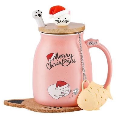 Material Ceramica 380ml Cute Ceramic Coffee Cup con disegno 3D del gatto e coperchio di bambù