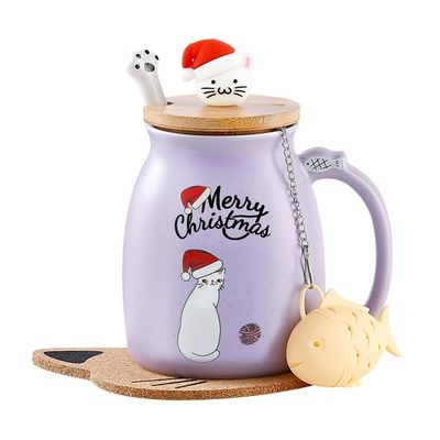 Material Ceramica 380ml Cute Ceramic Coffee Cup con disegno 3D del gatto e coperchio di bambù