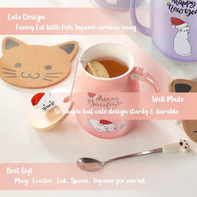 Material Ceramica 380ml Cute Ceramic Coffee Cup con disegno 3D del gatto e coperchio di bambù