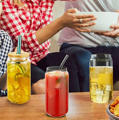 Tazza di vetro da 16 oz con coperchio di bambù per gelato bolla tè caffè soda birra può forma