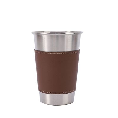 Tazza da viaggio in birra in acciaio inossidabile a parete singola con logo personalizzato e copertura in pelle marrone