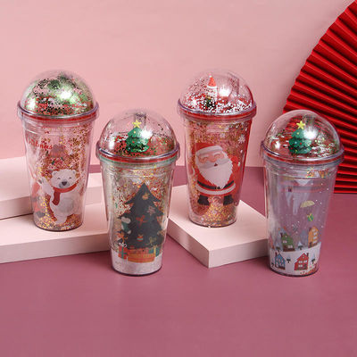 Tazze di plastica di Natale 500ml Glitter Double Wall Drinking Tumbler con coperchio e cannucce