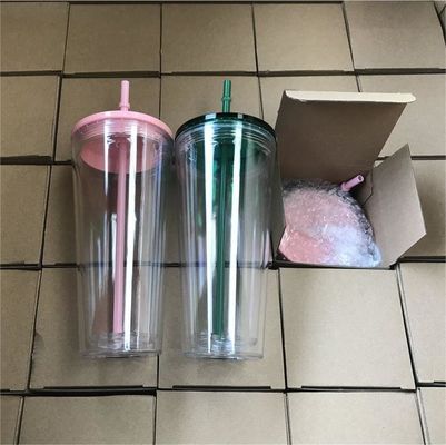 All' esterno rosa chiaro verde 16oz 24oz isolante doppio muro di plastica tazze di acrilico Tumbler con coperchi e paglia