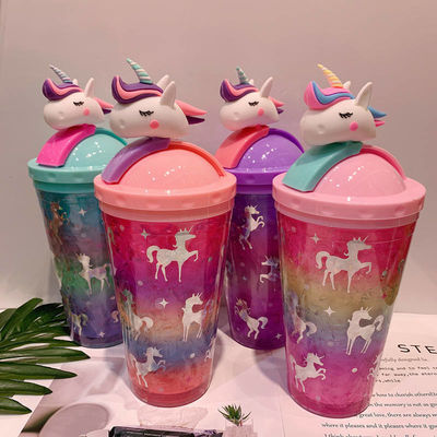 Adulti 430ml Cute Flying Unicorn Ice Plastic Water Bottle Cup con paglia e coperchio Unicorn